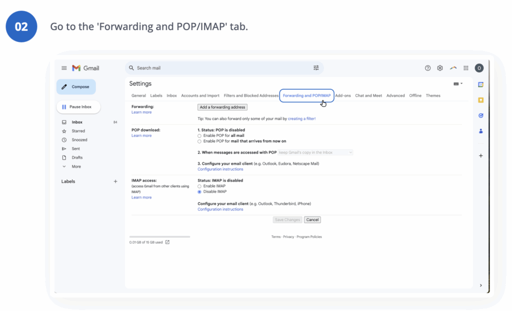 GMail forwarding settings.